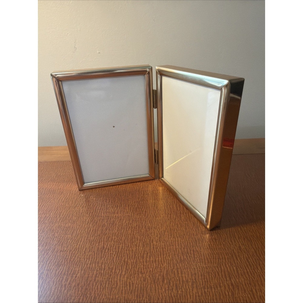 Vtg Burnes Of Boston Bi-Fold Gold Frame Double Holds 2 X‎ 3" By 4.5" Pictures